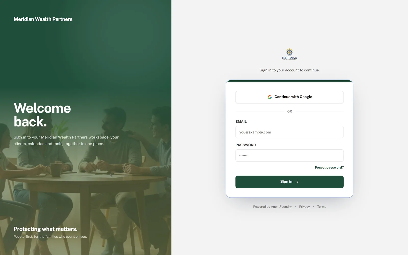 A fully white-labeled agency login screen with the agency's own logo and colors