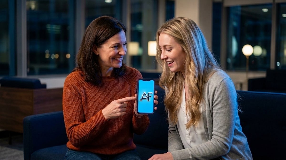 Two women on an office sofa, one pointing at AgentFoundry on her phone while the other leans in, smiling